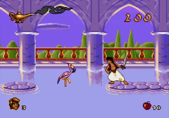 Pause the game and enter cheat code to skip to the next level Aladdin navigating through obstacles in the Sultan's Palace level