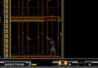 Batman using the grappling hook in the SEGA game