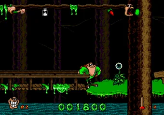 Boogerman after collecting a milk bottle and a spicy pepper on SEGA Genesis
