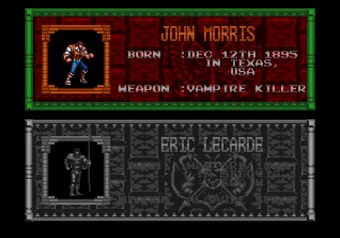 Character Select screen in Castlevania: Bloodlines on SEGA Genesis/Mega Drive