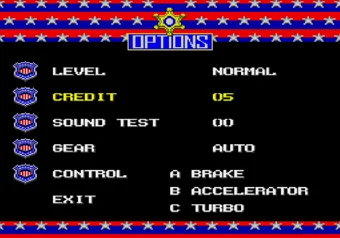 Chase H.Q. 2 - Options Screen Showing 5 Credits Chase H.Q. 2 Options screen with 5 credits enabled