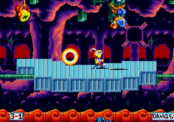 Dynamite Headdy — tilting platforms over lava in Down Under, scene 3-1