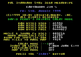 Earthworm Jim - Cheat Menu with Cheat Mode, Level Select, Freezeability, and Map View Mode Cheat Menu screen in Earthworm Jim