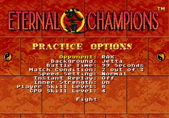 Eternal Champions options menu on SEGA Genesis/Mega Drive