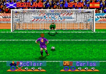 International Superstar Soccer Deluxe penalty kick on SEGA Genesis