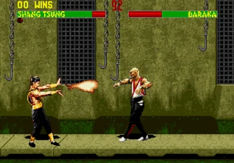 Shang Tsung special moves Shang Tsung performing his Flaming Skulls move in Mortal Kombat 2 on SEGA Genesis