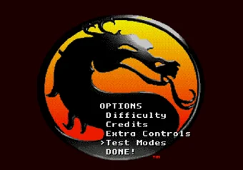 Test modes screen Test modes menu visible in Mortal Kombat 2 on SEGA Genesis