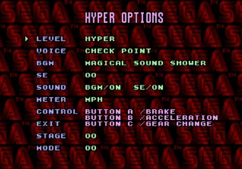 Hyper options menu in OutRun on SEGA Genesis/Mega Drive