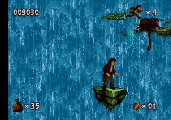 Pitfall: The Mayan Adventure — Harry Jr. on a ledge in the Xibalba Falls level