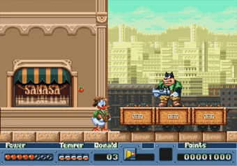 Duckburg - The starting level where Donald begins his treasure hunt Donald Duck standing on a city street in the Duckburg level of QuackShot