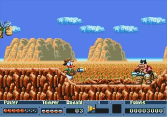 Donald Duck in the Mexico level Donald Duck aiming his plunger gun at an enemy in the Mexico level of QuackShot