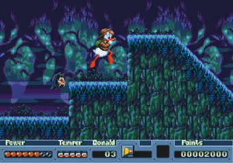 Donald Duck chased by a bat in Transylvania Donald Duck running from a bat in the Transylvania level of QuackShot