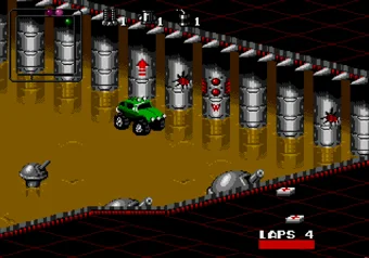 Drive Anywhere cheat activated in Rock n' Roll Racing Driving off-track using cheat code in Rock n' Roll Racing