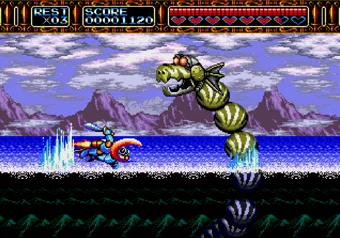 Rocket Knight Adventures — Sparkster flying over the river against the water dragon