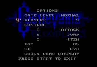 Options Menu with 9 Lives Unlocked Options menu showing 9 Lives setting unlocked in Castlevania: Bloodlines on SEGA Genesis/Mega Drive