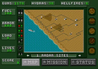 Desert Strike - Starting the game with 10 lives using the BQQQAEZ password Desert Strike gameplay screen showing 10 lives after entering the BQQQAEZ password