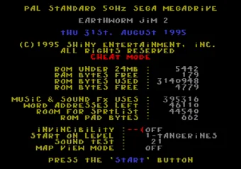 Debug Mode screen in Earthworm Jim 2 with hidden options