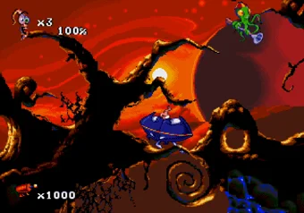 Earthworm Jim using the Manta Shield for temporary protection