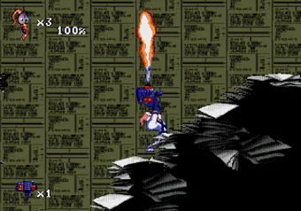 Earthworm Jim using the Mega Plasma Gun in Earthworm Jim 2