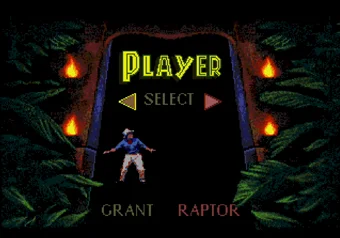 Player selection screen with Grant and Raptor in Jurassic Park on SEGA Genesis/Mega Drive
