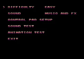 Options menu in Radical Rex on SEGA Genesis/Mega Drive