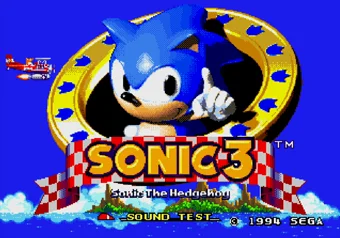 Level Select cheat in action - Sound Test unlocked and level select screen shown Sonic the Hedgehog 3 title screen with Sound Test unlocked via Level Select cheat
