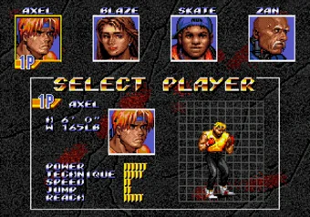 Character Select screen in Streets of Rage 3 showing playable fighters