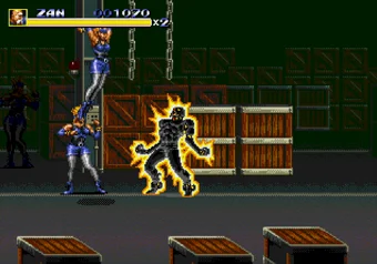 Gameplay screenshot of Streets of Rage 3 featuring Dr. Zan in action