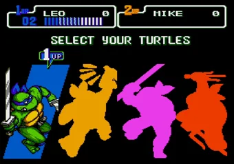Character selection screen with all four turtles