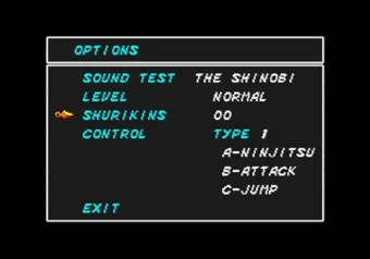 Options screen in The Revenge of Shinobi with Shurikens set to 00