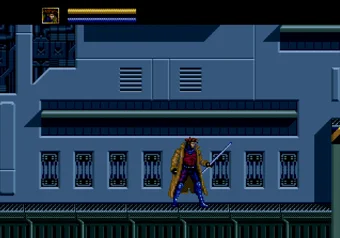 Gambit standing in front of the level select panels in X-Men on SEGA Genesis/Mega Drive