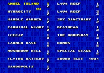 Sonic & Knuckles Level Select screen on SEGA Genesis/Mega Drive