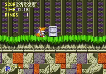 Sonic next to a monitor created using Debug Mode in Sonic the Hedgehog 3