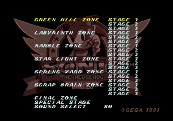 Level Select screen in Sonic the Hedgehog on SEGA Genesis