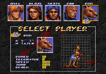 Playing as Roo Character Select screen in Streets of Rage 3 showing Roo as a playable fighter