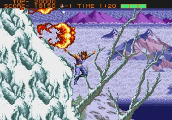 Snowy mountain slope (stage 2) Strider — Hiryu leaping down a snowy Siberian slope away from mine blasts