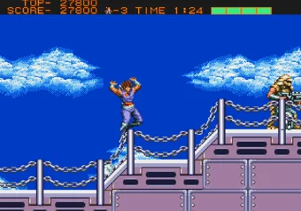Flying battleship Balrog (stage 3) Strider — Hiryu evading cannons on the deck of the Balrog battleship