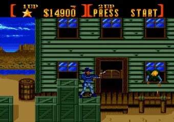 Player character next to a saloon door in Sunset Riders