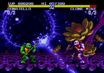 Donatello fighting clone Michelangelo in Teenage Mutant Ninja Turtles: Tournament Fighters on SEGA Genesis