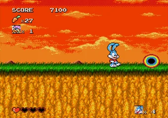 Buster Bunny standing next to a rainbow portal in Tiny Toon Adventures: Buster's Hidden Treasure