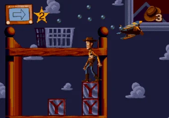 Woody fighting hostile toys during the Revenge of the Toys level in Toy Story on SEGA Genesis/Mega Drive