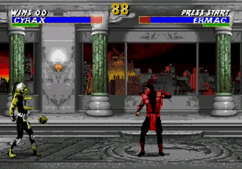 Cyrax performing his Near Bomb Toss move in Ultimate Mortal Kombat 3