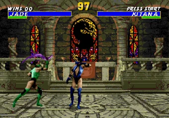 Jade performing her Boomerang move in Ultimate Mortal Kombat 3