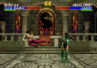 Liu Kang performing his Flying Kick move in Ultimate Mortal Kombat 3
