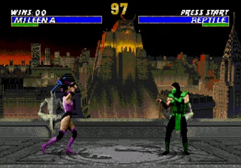 Mileena performing her Sai Throw move in Ultimate Mortal Kombat 3