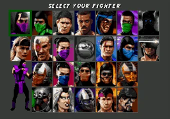 Character selection screen of Ultimate Mortal Kombat 3, showing various fighters available for selection