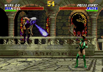 Sindel performing her Air Fireball move in Ultimate Mortal Kombat 3