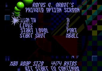 Vectorman — Refus Q. Orbot's Private Option Screen with health, lives and level select