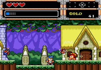 Wonder Boy in Monster World — Shion by the statues in Alsedo, the fairy village