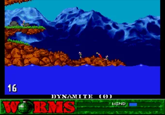 Dynamite Explosion Worm placing dynamite on the battlefield in Worms on SEGA Genesis/Mega Drive